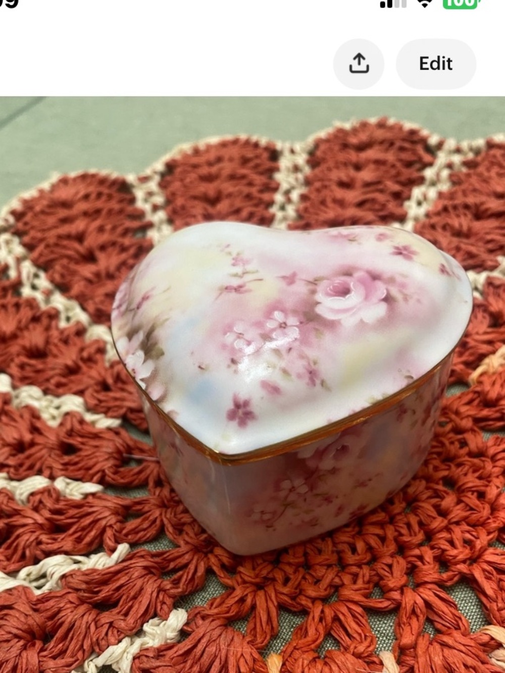 GANZ Rose Pink Floral Motif Heart-Shaped Porcelain Trinket Box